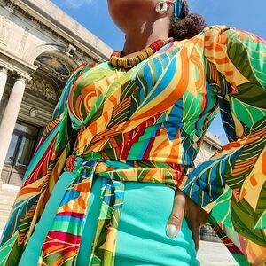 Multicolored wrap blouse with headband